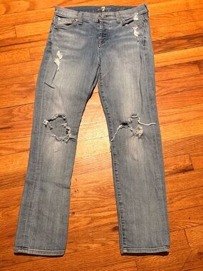 7 For All Mankind Light Blue Distressed Straight Jeans